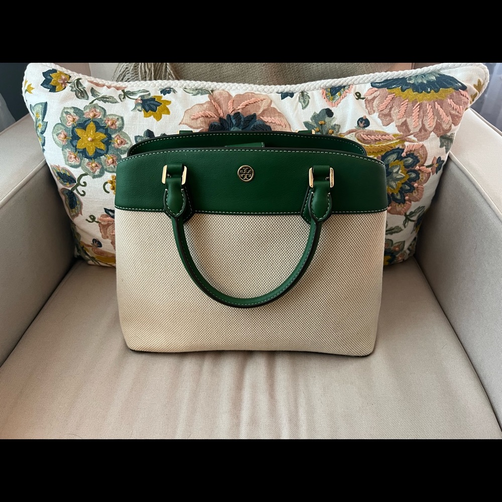 Green and Tan Tory Burch Robinson Bag